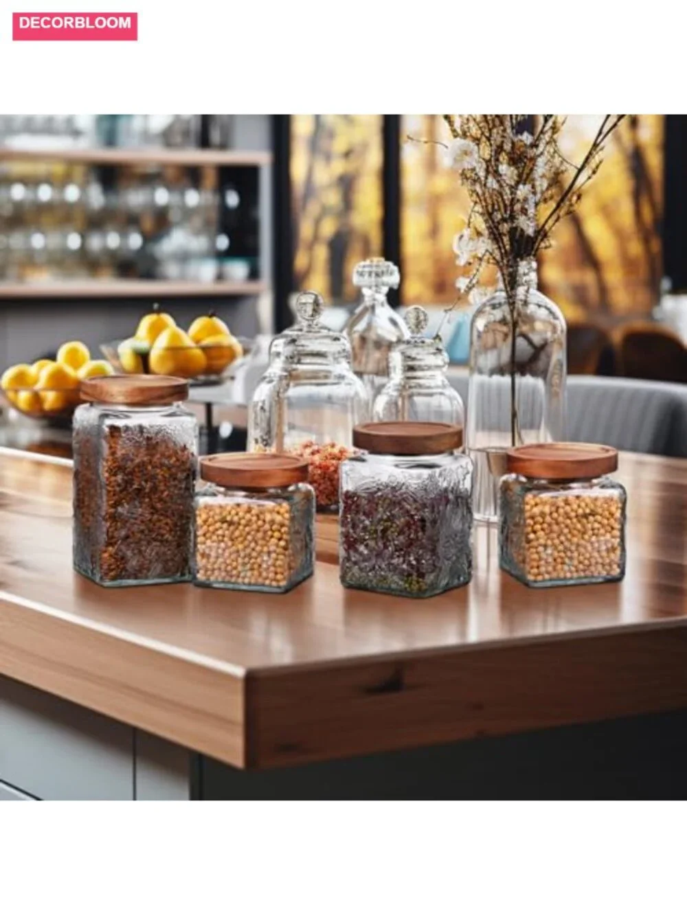 Set of 5 Vintage Glass Jars with Bamboo Airtight Lids Kitchen Food Storage
